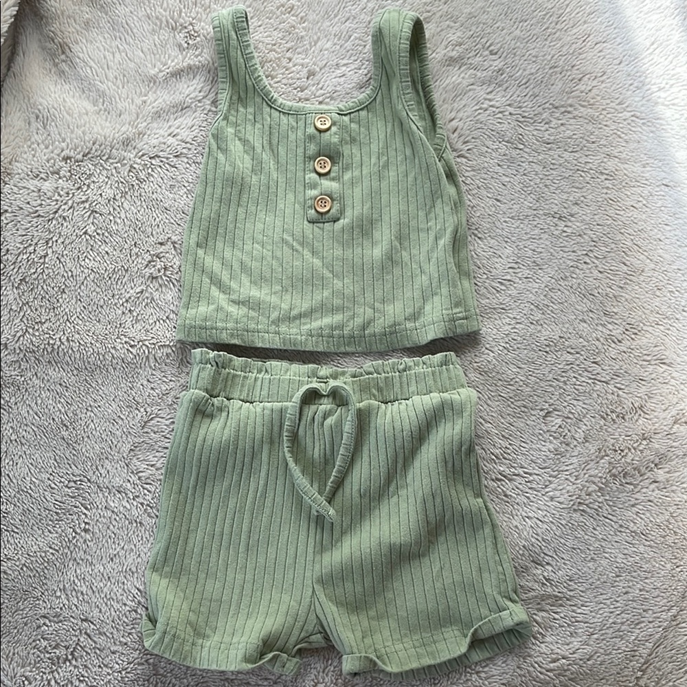Green Ribbed Tank and Shorts Set